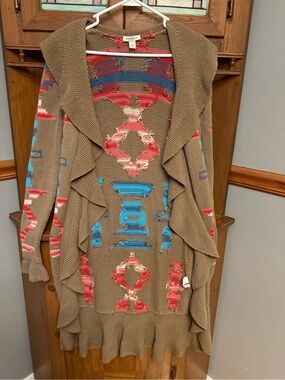 Boston Proper Aztec Southwestern Ruffle Waterfall Duster Cardigan Knit Sweater S